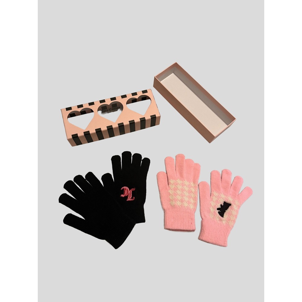 Juicy Couture 2 Pair Glove Set Black Pink Monogram Houndstooth Scottie Dog NIB